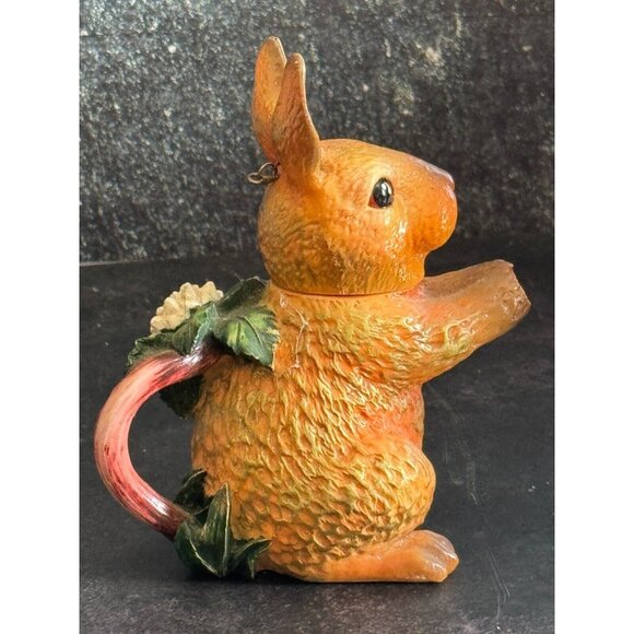 Mini Ceramic Rabbit Teapot With Sunflower Accent & Chain Lid 5" Tall Easter Spri - Picture 3 of 8
